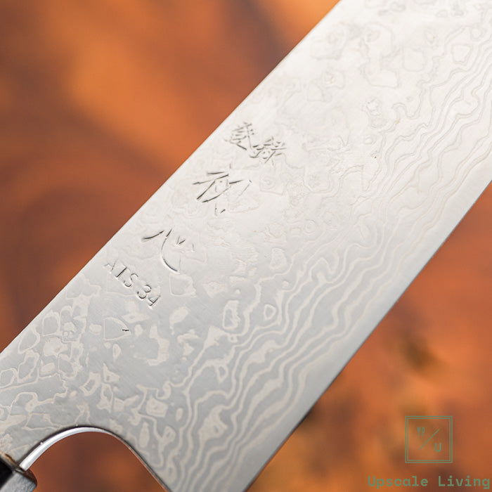 Pisau Dapur Jepang Hatsukokoro Ginga ATS-34 steel Nickel Damascus Bunka170mm