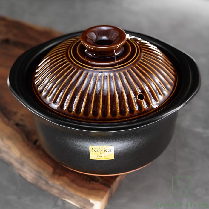 Japanese Ceramic Rice Cooker Pot Bankoyaki Ginpo Kikka 2 Cups - Brown
