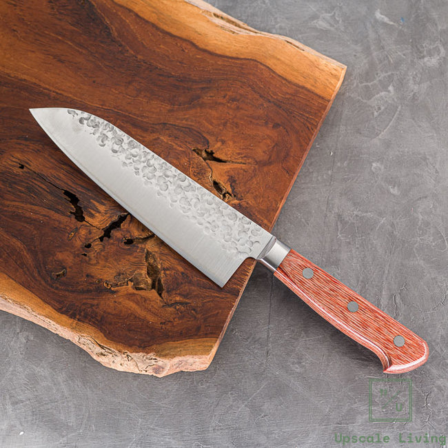 Pisau Dapur Jepang Takamura Chromax Tsuchime Santoku 170mm Brown Handle