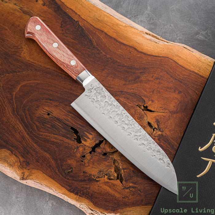 Pisau Dapur Jepang Takamura Chromax Tsuchime Santoku 170mm Brown Handle