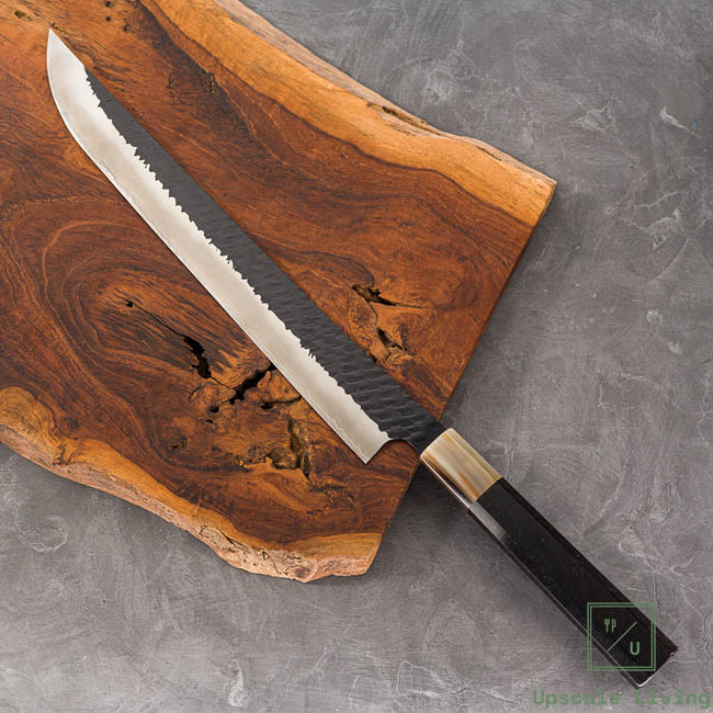 Japanese Knife Nigara Hamono SG2 Kurouchi Tsuchime Sakimaru Sujihiki 300mm Ebony Handle