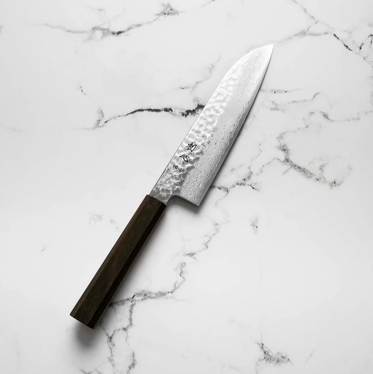 Pisau Dapur Jepang Hatsukokoro Hayabusa VG10 Damascus Tsuchime Santoku180mm