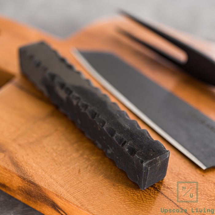 Steak Knife Fork Set AUS8 Yoshida Hamono Black Plain With Stone Knife Rest