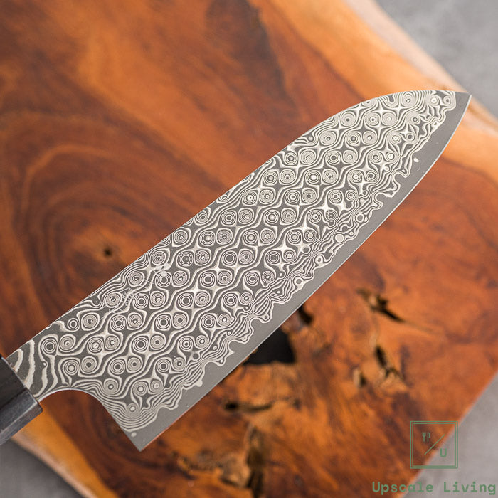 Pisau Dapur Jepang Nigara Hamono SG2 Anmon Raindrop Damascus Santoku 180mm