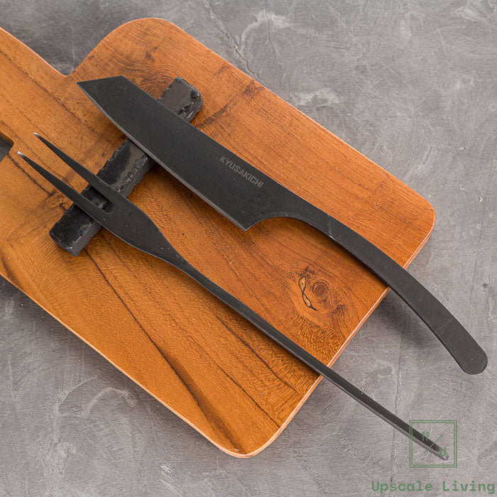 Steak Knife Fork Set AUS8 Yoshida Hamono Black Plain With Stone Knife Rest