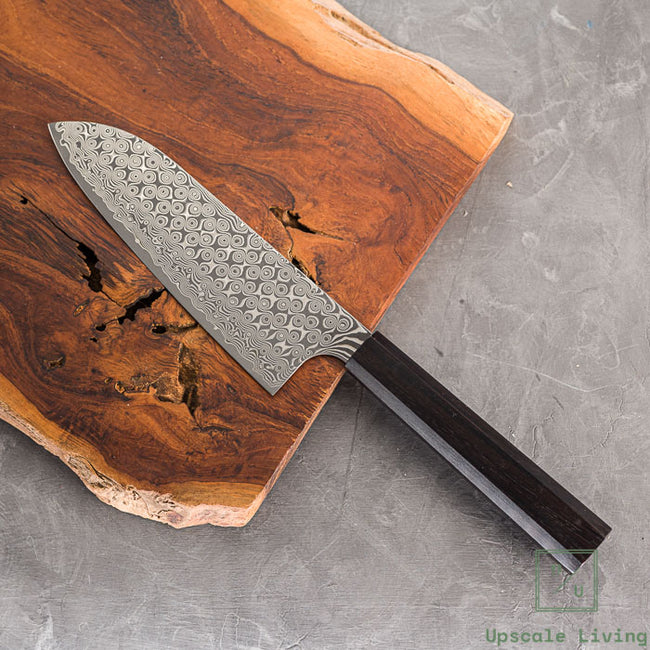 Pisau Dapur Jepang Nigara Hamono SG2 Anmon Raindrop Damascus Santoku 180mm