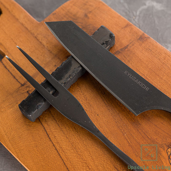 Steak Knife Fork Set AUS8 Yoshida Hamono Black Plain With Stone Knife Rest
