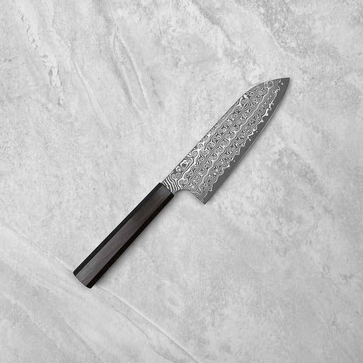 Pisau Dapur Jepang Nigara Hamono SG2 Anmon Raindrop Damascus Santoku 180mm