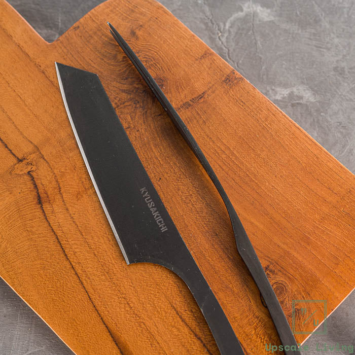 Steak Knife Fork Set AUS8 Yoshida Hamono Black Plain With Stone Knife Rest