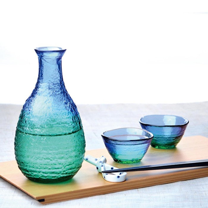 Set Sake Toyo Sasaki Glass Sake Set Blue Green, Coral Made in Japan