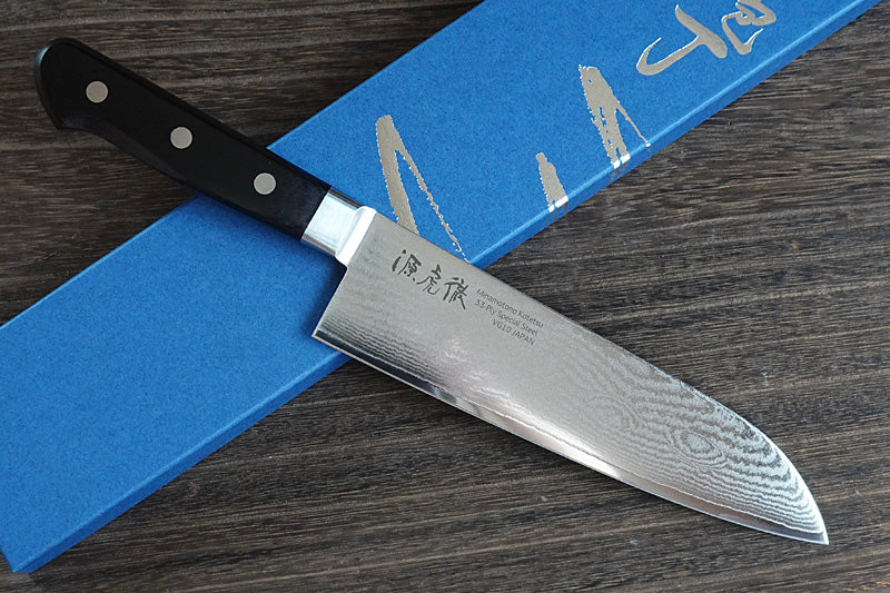 Pisau Dapur Jepang Yasuda hamono Minamotono Kotetsu VG10 Damascus 33-layer Santoku 180MM